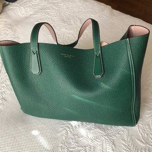 Tory Burch hunter green and light pink tote!